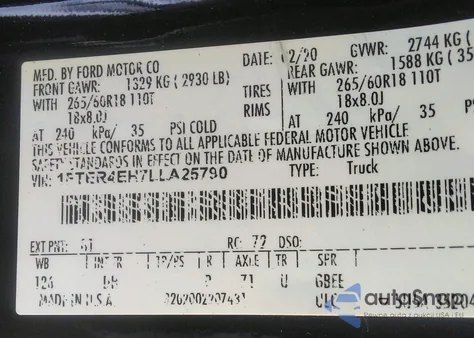 2020 Ford Ranger Lariat из США, поврежденный, VIN 1FTER4EH7LLA25790